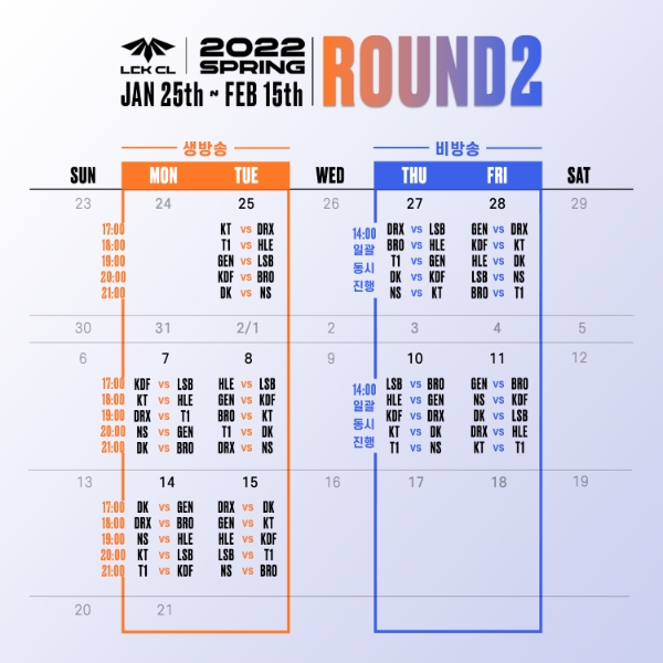 2022 LCK CL 스프링 2라운드 일정(사진=한국e스포츠협회 제공).