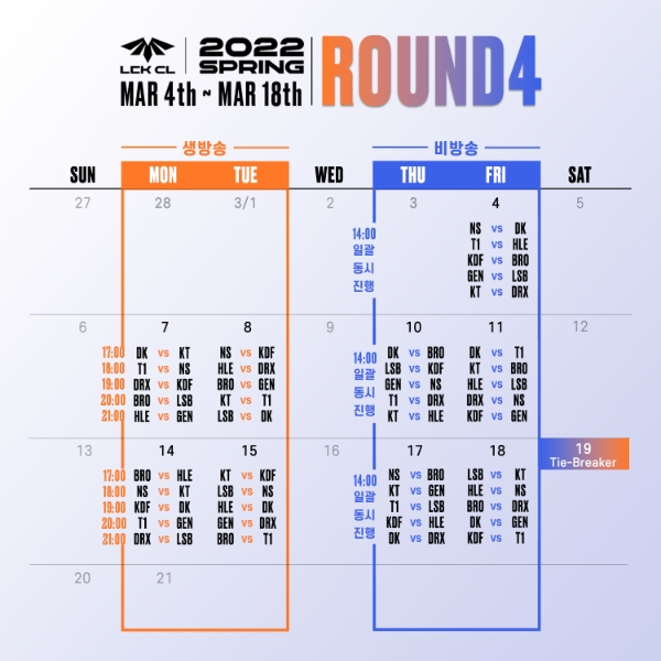 2022 LCK CL 스프링 4라운드 일정(사진=한국e스포츠협회 제공).