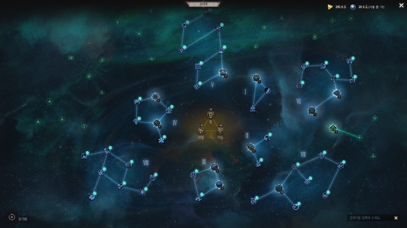 조디악 화면 구성. 가운데 힘, 민첩, 지능 및 외곽 별자리 모양으로 구성된 특성 포인트로 구분된다.