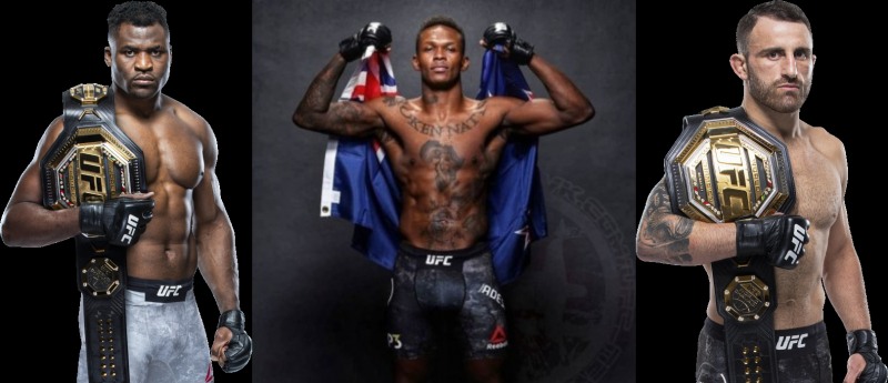올 상반기 중 타이틀전을 치르는 은가누, 아데산야, 볼카노프스키(왼쪽부터. 사진출처=UFC)