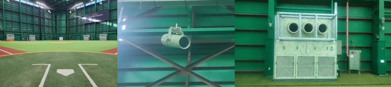 SSG 퓨저스필드  실내연습장(왼쪽)에 설치한 제트 마이저(가운데)와 제트 공조기[사진 SSG 랜더스 제공]