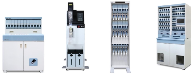 (왼쪽부터) 특수형태 정제 자동포장기기 ‘ATDPS DEN’, 최신식 자동화 파우치 검수솔루션 ‘VIZEN EX’, 바이알 포장 조제기 ‘JV-CA40’, 블리스터카드 포장 조제기 ‘DOB’.