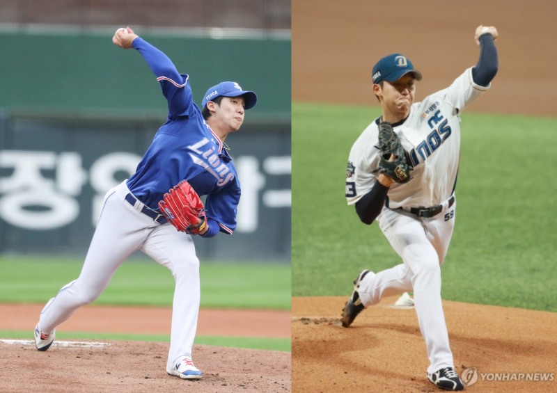 2022시즌 외국인투수들과 견주어 손색이 없는 원태인(왼쪽)과 구창모. 구창모는 수술과 재활로 한해를 보내고 올시즌 복귀를 서두르고 있다.