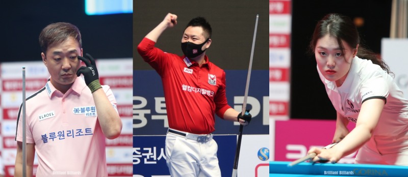 고비에서 팀을 구한 블루원 엄상필, 웰뱅 서현민, 신한 김보비(왼쪽부터. 사진=PBA. 브릴리언트 빌리아드)