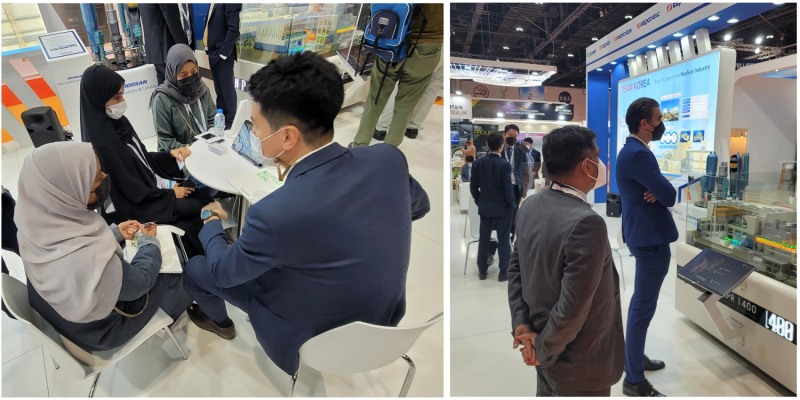 UAE 아부다비 WFES 2022 ‘팀 코리아’ 홍부부스에서 한전KPS가 보유기술을 해외업체 바이어들에게 소개하고 있다.