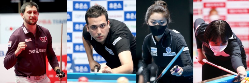 승부를 가를 에이스들. 왼쪽부터 크라운 마르티네스, 블루원 사파타, 신한 김가영, 블루원 스롱(사진=PBA. 브릴리언트 빌리아드)