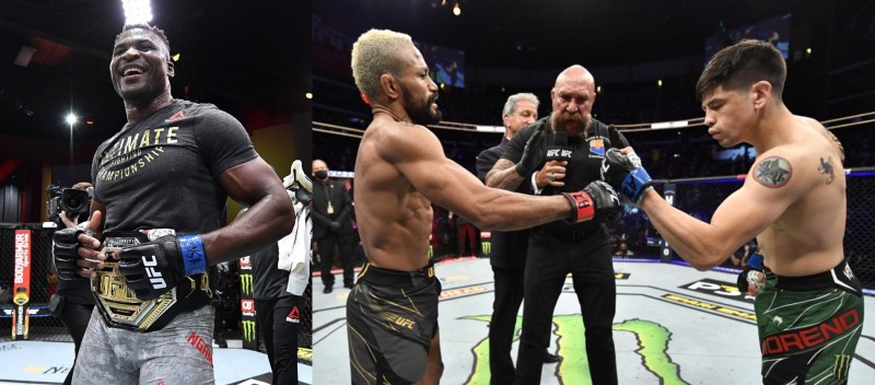 은가누(왼쪽)와 싸우기 전 주먹을 마댄 피게이레도와 모레노9오른쪽. 사진=UFC)