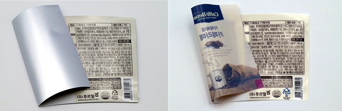 사진=기존 알류미늄 증착된 포장재(왼쪽)와 SR테크노팩 GB-8 적용된 포장재 / SR테크노팩 제공