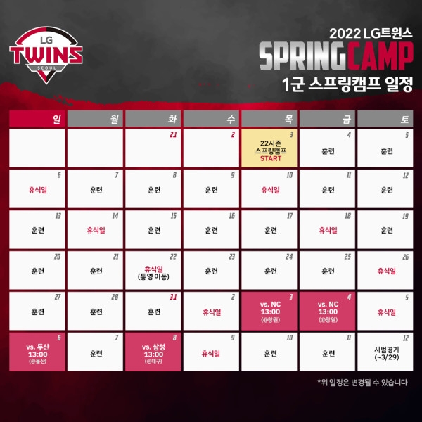 LG 트윈스, 2월 3일 이천 LG챔피언스파크를 시작으로 3월 1일까지 통영에서 스프링캠프 차려