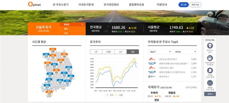 한국석유공사 유가정보 오피넷 초기화면. 자료=오피넷
