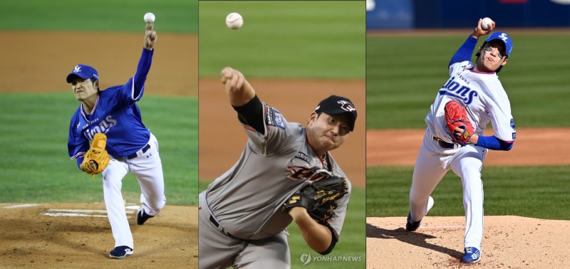 2021시즌 토종 투수로 나란히 14승씩을 올린 백정현(왼쪽) 김민우(가운데)와 원태인