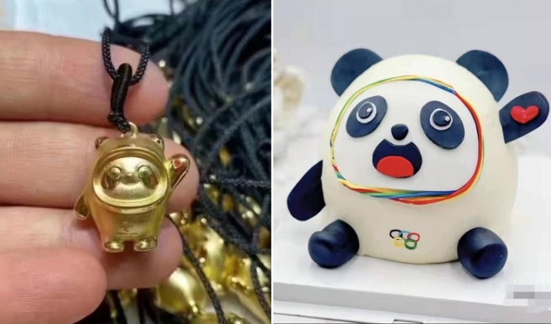 중국 소셜미디어에서 다양한 형태의 금 액세서리인 '진둔둔(金墩墩)'이 판매되고 있고, 올림픽 마스코트 '빙둔둔'을 무단 도용한 케이크 모습. (사진출처 : 시대주보, 중국시장감관보)
