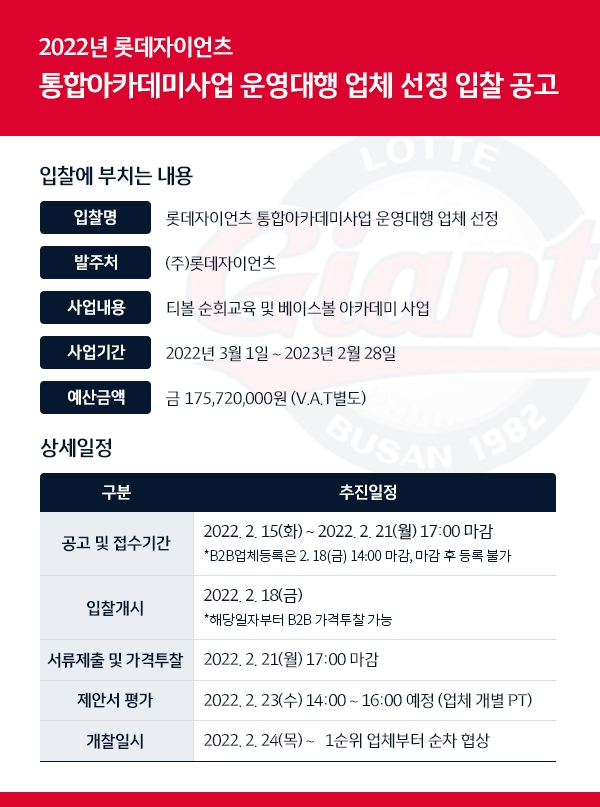 롯데 자이언츠, 티볼 순회 교육 및 베이스볼 아카데미 사업 운영대행 업체 모집