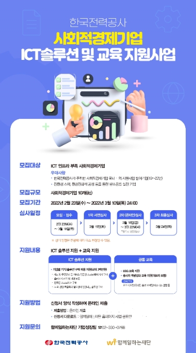 함께일하는재단-한전, 사회적경제기업 ICT솔루션·교육 지원등 참여기업 모집