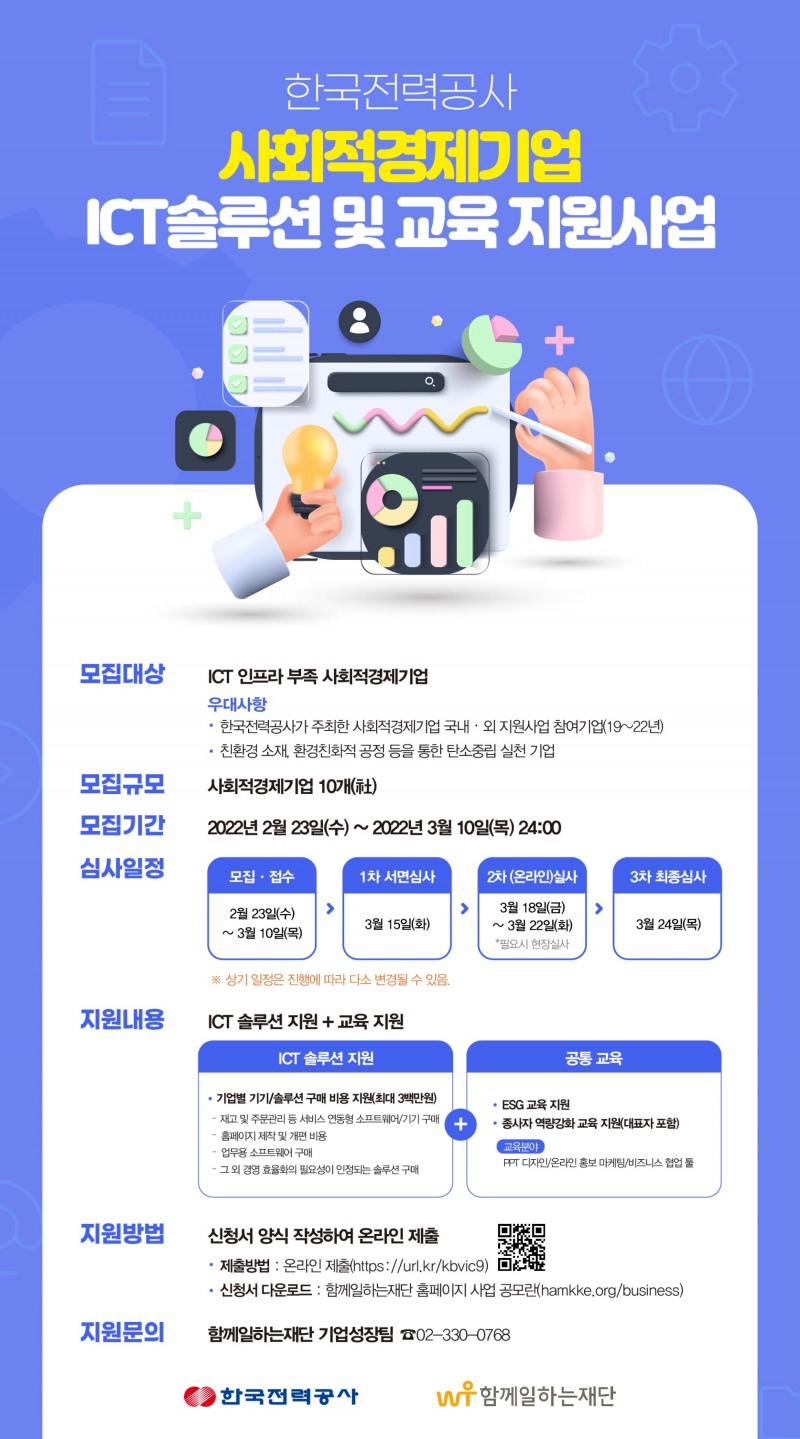 한국전력공사 사회적경제기업 ICT솔루션 및 교육 지원사업 참여기업 모집