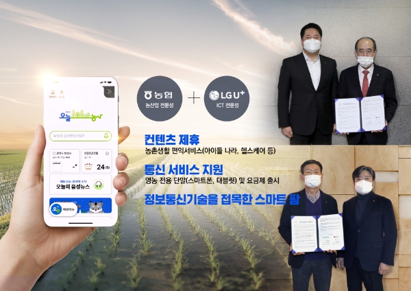 농협중앙회 유찬형 부회장(위 사진 오른쪽)은 24일 (주)엘지유플러스 황현식 대표이사(아래 사진 왼쪽)와 디지털농업 확산을 위한 업무협약을 체결했다.