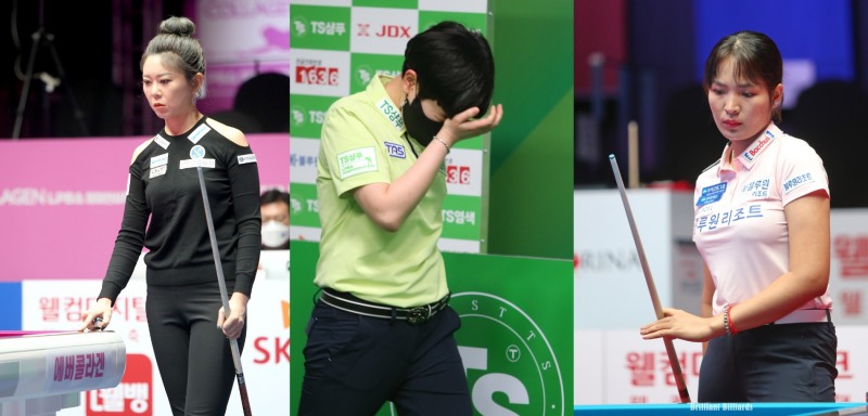 32강행의 김가영과 64강 탈락자 김세연, 스롱(왼쪽부터. 사진=PBA)