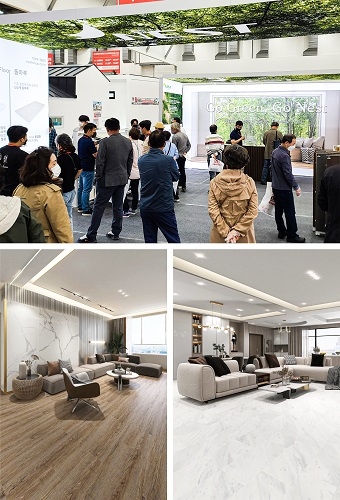 사진=(위)네스트 건축박람회 부스 이미지 (아래) 왼쪽 마루형 / 오른쪽 타일형, 돌마루 시공 인테리어 이미지