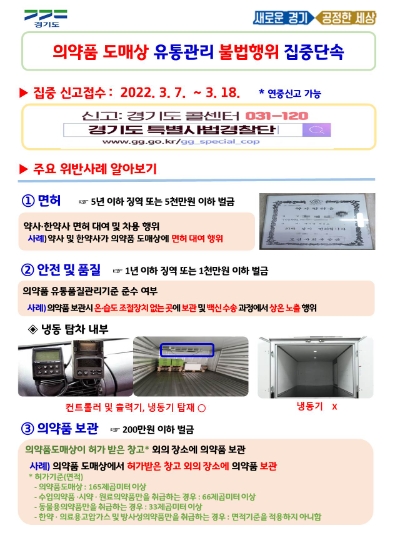 경기도 특사경, 의약품 도매상 335곳 의약품 유통관리 불법행위 집중 수사