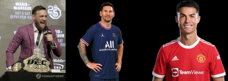 부자 랭킹 1~3위. 왼쪽부터 맥그리거, 메시, 호날두