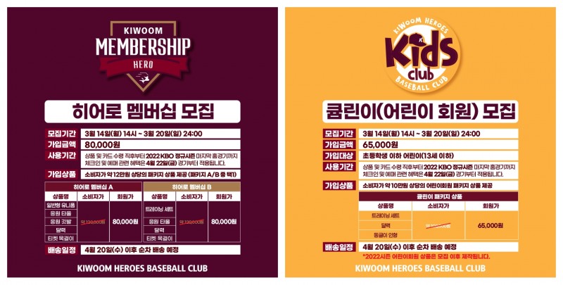 키움 히어로즈, 2022시즌 멤버십 모집…14일부터 일주일동안, 각종 혜택 제공해