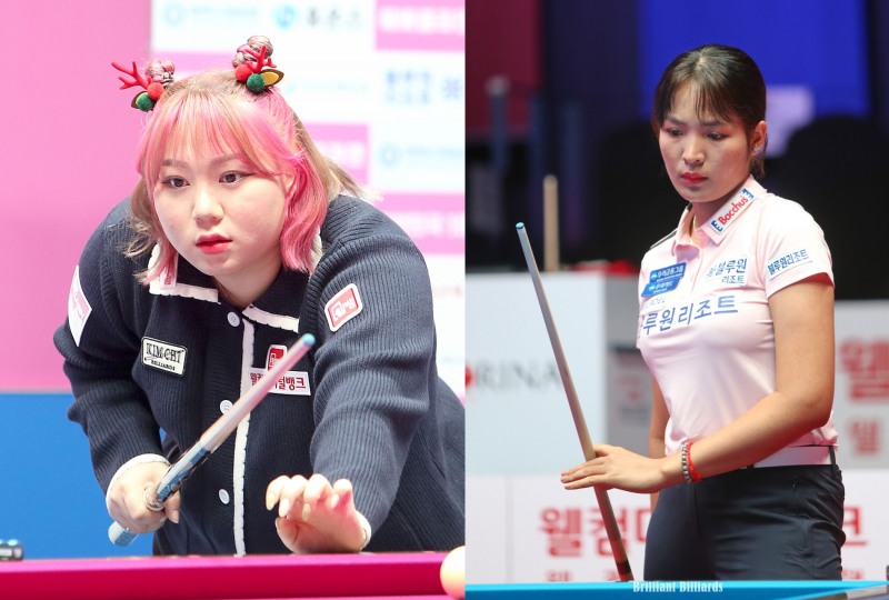 2세트에서 자주 부딪치게 될 웰뱅의 김예은(왼쪽)과 블루원의 스롱 피아비(사진=PBA. 브릴리언트 빌리아드)