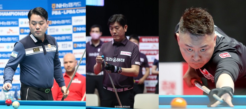 예선리그에서 만난 조재호, 김재근, 서현민(왼쪽부터. 사진=PBA. 브릴리언트 빌리아드)