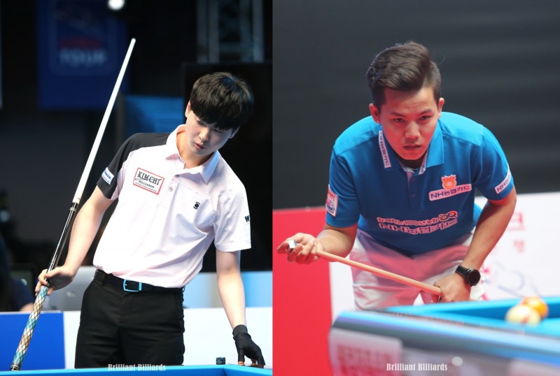 1차전서 승리한 신정주(왼쪽)와 응우옌(사진=브릴리언트 빌리아드)