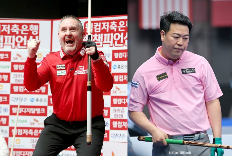 1승을 안고 2차전을 벌일 쿠드롱(왼쪽)과 강동궁(사진=PBA. 브릴리언트 빌리아드)