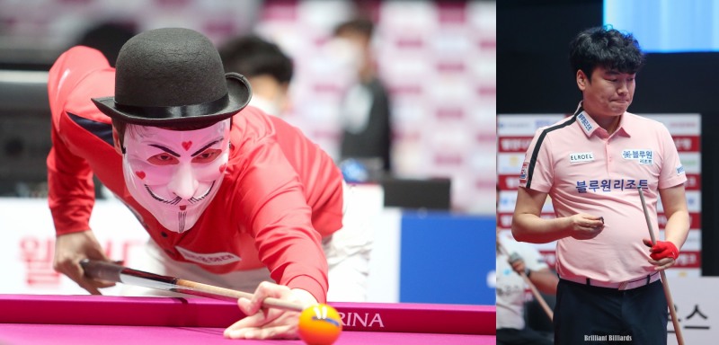 첫판에서 패배, 1패를 안고 싸워야 하는 해커(왼쪽)와 강민구(사진=PBA. 브릴리언트 빌리아드)
