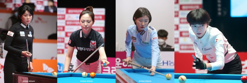 첫 승을 안고 32강 리그를 시작한 김가영, 차유람, 이미래, 임정숙(왼쪽부터. 사진=PBA. 브릴리언트 빌리아드)