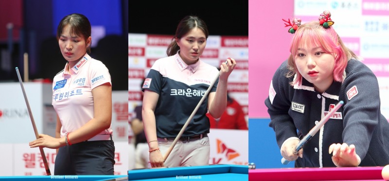 첫 판에서 승리를 놓친 챔피언들. 왼쪽부터 스롱피아비, 강지은, 김예은(사진=PBA. 브릴리언트 빌리아드)