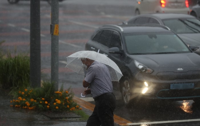 제주 서귀포시 서홍동 인근 거리에서 시민들이 비바람을 피해 이동하고 있다.