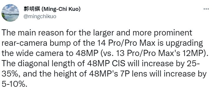 아이폰14 프로 및 프로맥스의 카메라 화소·크기에 대한 궈밍치의 트윗 〈사진=궈밍치 트위터〉