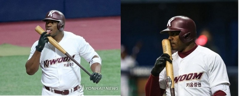 배트를 핥고 있는 푸이그(왼쪽). 배트에 가볍게 키스하고 있는 푸이그(오른쪽)