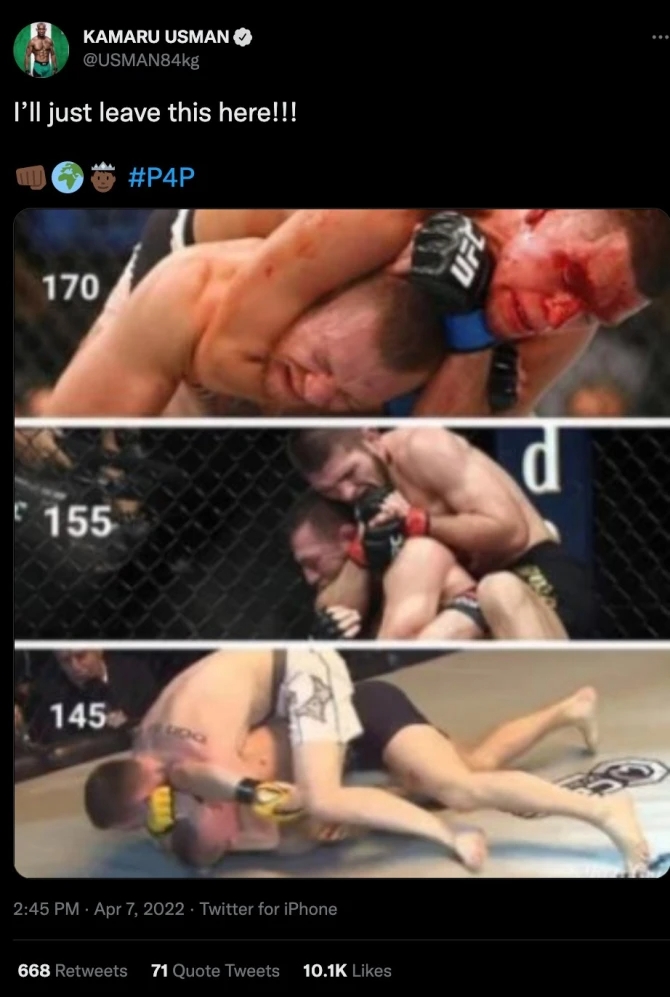 우스만이 트위터에 올린 맥그리거 굴욕 장면.위로부터 페더급, 라이트급,웰터급 순이다.