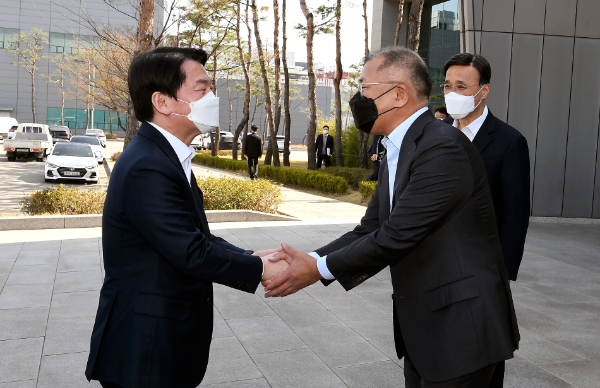 8일 경기도 화성시 현대자동차그룹 남양연구소를 방문한 안철수 대통령직 인수위원회 위원장을 현대차그룹 정의선 회장이 영접하고 있다.