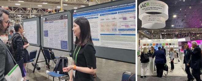 지난 12일 미국암학회(AACR) 행사장에서 한미약품 관계자가 연구결과를 포스터 발표하고 있다. 오른쪽 작은 사진은 미국 뉴올리언스에서 열린 올해 미국암학회 현장 모습.