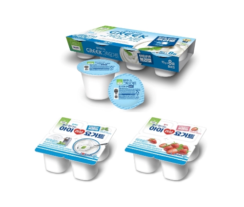 풀무원다논의 무라벨 요거트 제품 (위부터 '그릭 무라벨' 플레인, '떠먹는 아이러브요거트 무라벨' 2종)