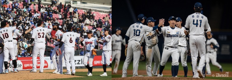 '이 모습을 보기가 이렇게 힘들 줄이~~' 올시즌 우승후보로 꼽혔던 kt가 4연패, NC가 5연패에 빠지면서 승리의 세러머니를 보기가 어려워졌다.