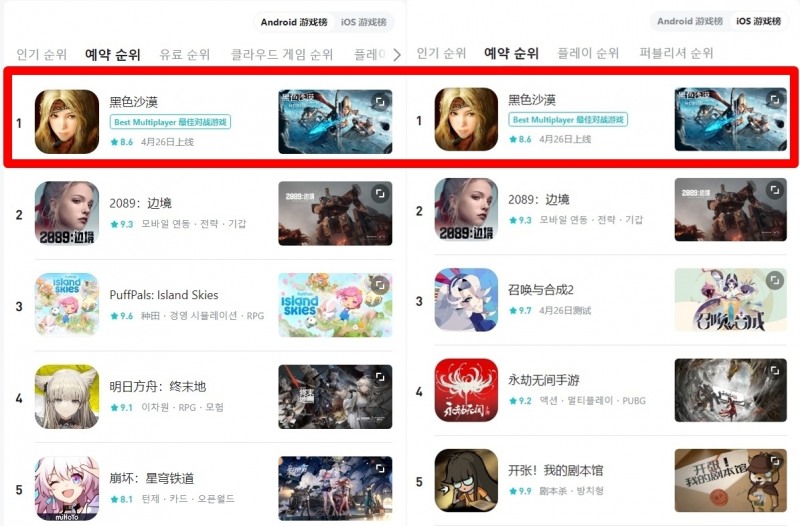 중국 텐센트 앱마켓 탭탭과 앱스토어 인기 순위 1위에 오른 '검은사막 모바일'.