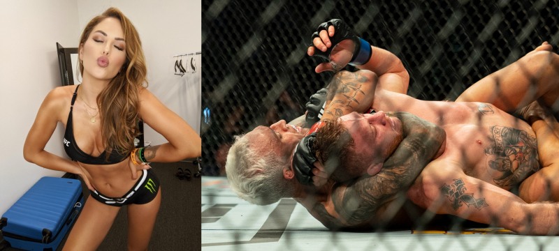 링 걸 브리티니 팔머(왼쪽)와 경기 중인 올리베이라와 게이치(사진=인스타그램. UFC)