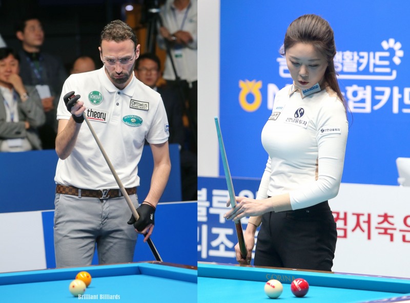 신생 하나원큐의 남녀 선봉 카시도코스타스(왼쪽)와 김가영(사진=브릴리언트 빌리아드. PBA)