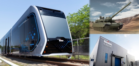 (왼쪽부터 시계방향으로)현대로템 수소전기트램, K2전차, 수소추출기 공장 ‘H2설비조립센터’