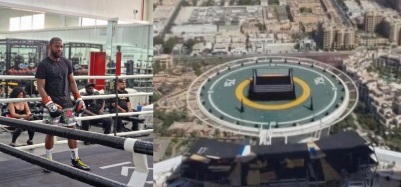 두바이에서 훈련중인 메이웨더와 호텔 헬기 착륙장에 설치된 특설 링(사진=트위터)