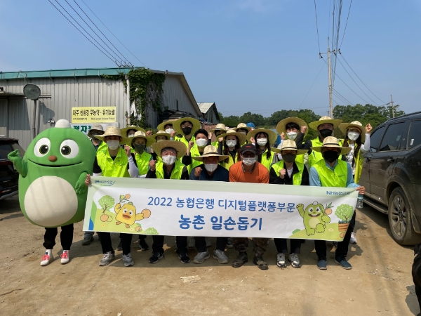 농협은행 디지털플랫폼부문 임직원들이 경기 파주시 군내면 과수 농장에서 농장대표, 관내 조합장과 기념촬영을 하고 있다.