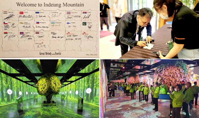 (상단 좌측) 충북 인등산에 위치한 SK SUPEX 센터에 배치된 15개국 주한외교대사의 서명이 담긴 자작나무 방명록 / (상단 우측) 5월 20일, 충북 인등산에 위치한 SK SUPEX 센터에서 ‘숲 속의 위대한 멜로디(Great Melody in the Forest)’ 행사에 참석한 주한외교대사가 자작나무 방명록에 서명하고 있다. / (하단) 충북 인등산에 위치한 SK SUPEX 센터에서 선보인 특별 기념관(좌측)을 ‘숲 속의 위대한 멜로디’ 행사 참석자들이 둘러보고 있다. (우측)