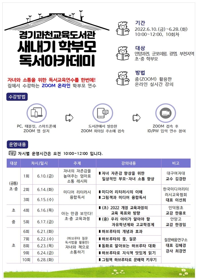 경기과천교육도서관, ‘새내기 학부모 독서아카데미’ 온라인 운영