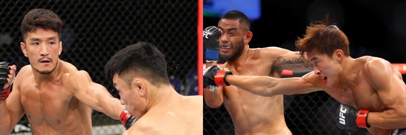 희비 갈린 두 파이터. UFC 7승을 작성한 강경호(오른쪽)와 1-2로 판정패한 최승우(사진=UFC)