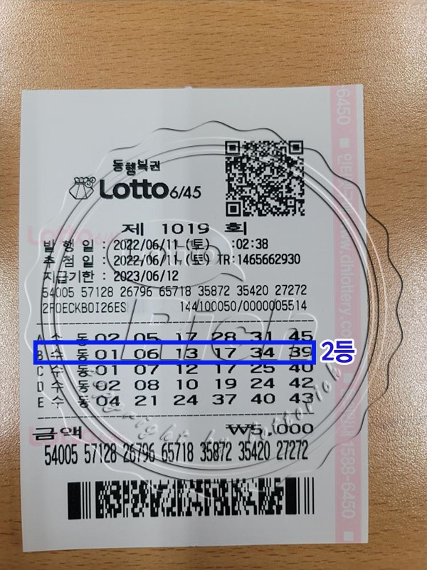 동행복권 제 1019회 로또 2등 당첨자 황기석(가명)씨의 로또용지(출처-로또리치)